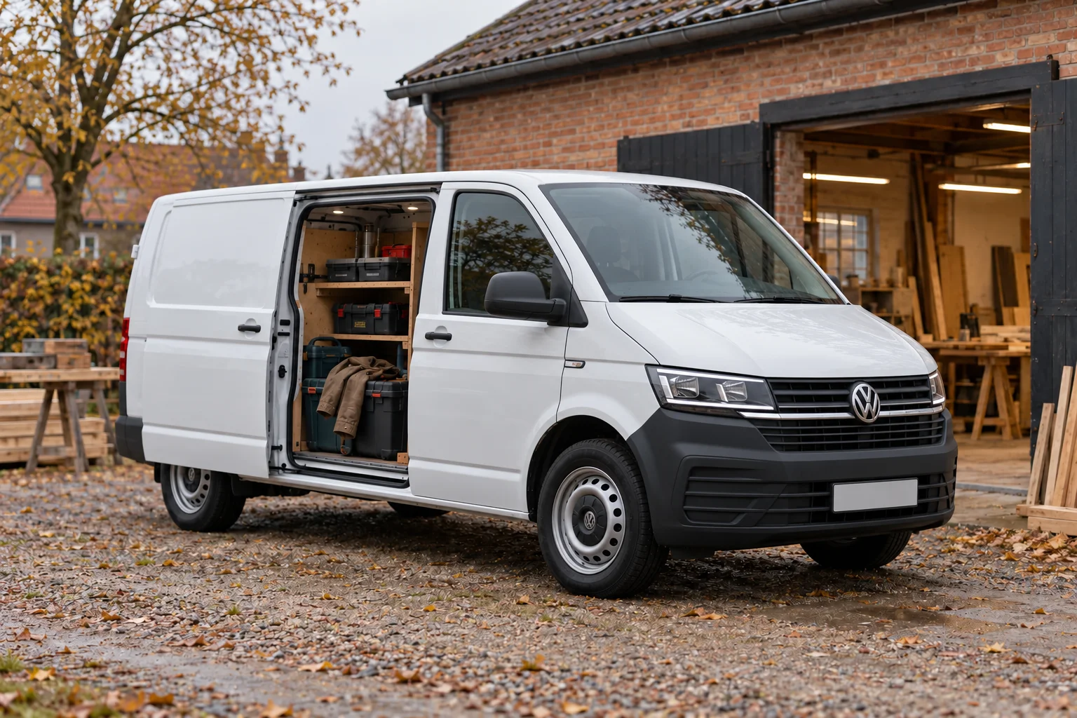 Hvid VW Transporter med værktøj parkeret ved et værksted